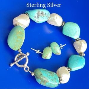STERLING SILVER TURQUOISE PEARL BRACELET EARRINGS